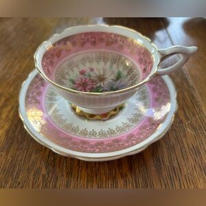 1950's Royal Stafford Pink and Gold Floral Teacup and Saucer Set